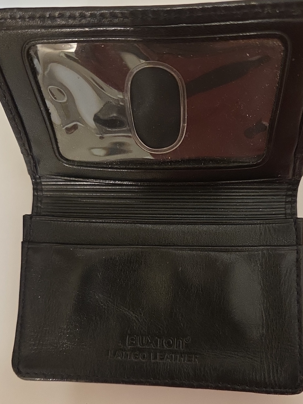 Buxton Black Latigo Leather Wallet W/ Clear ID Window